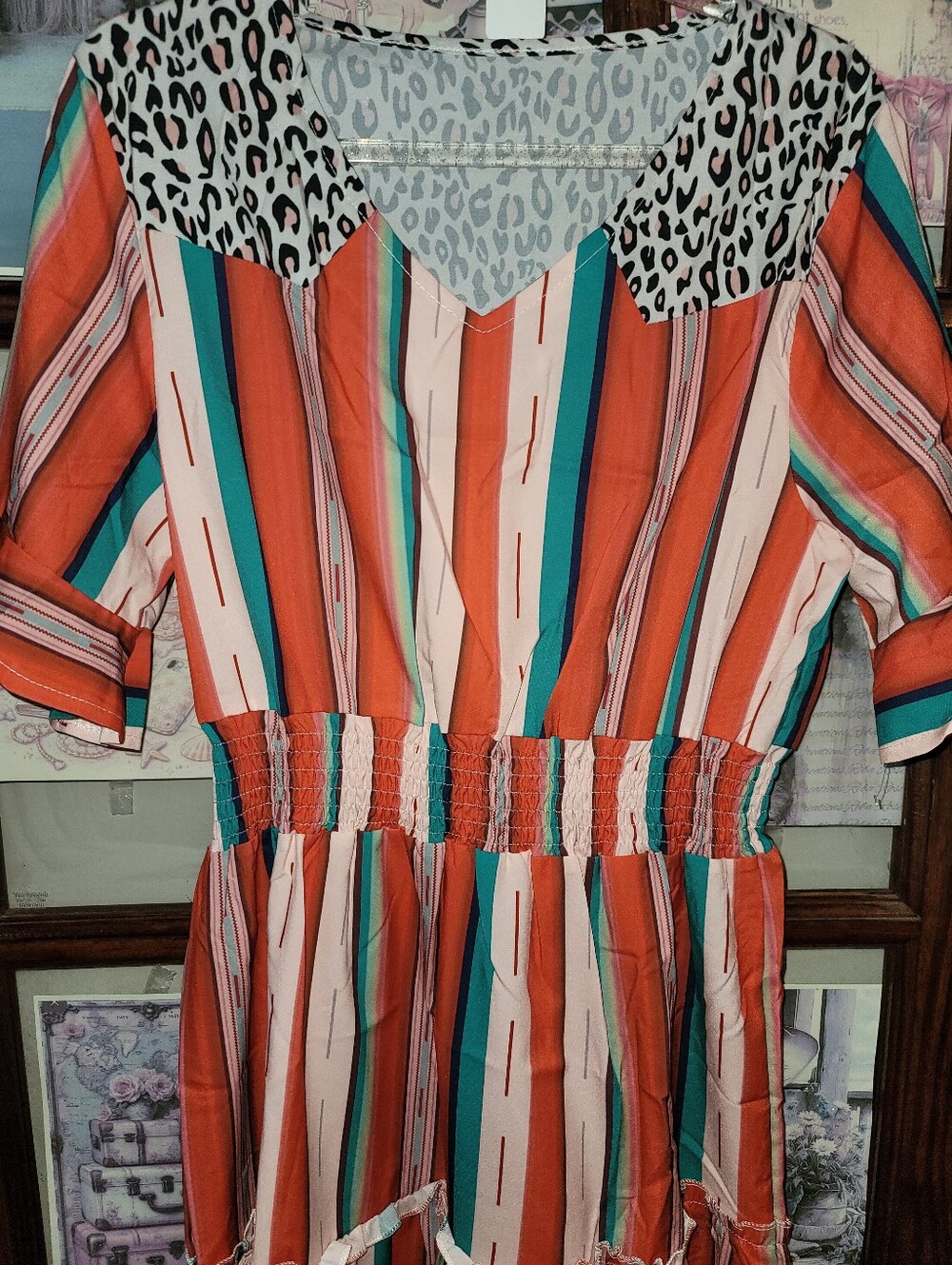 Brand New Boutique Striped Orange & Teal V-Neck Dress with Leopard Yoke